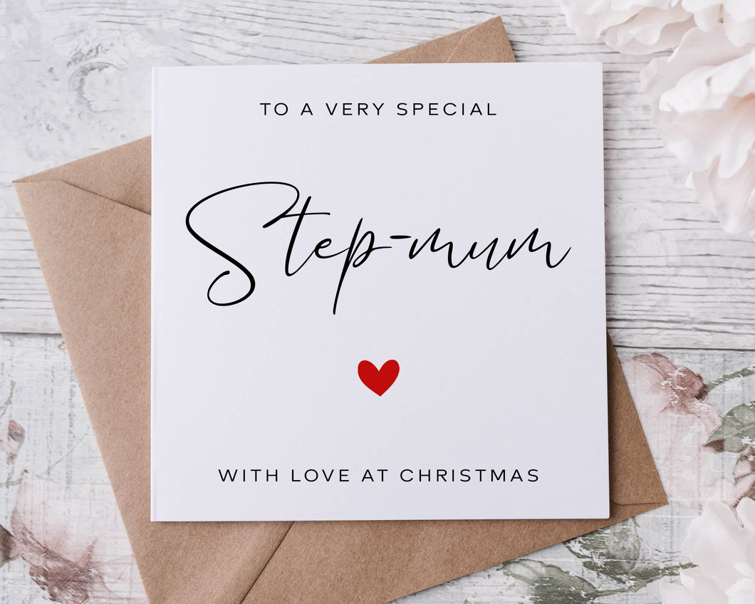 Christmas Card for Stepmum with Red Heart, Simple, Minimal Merry Christmas Greeting Card With Love, card for her Step-mum