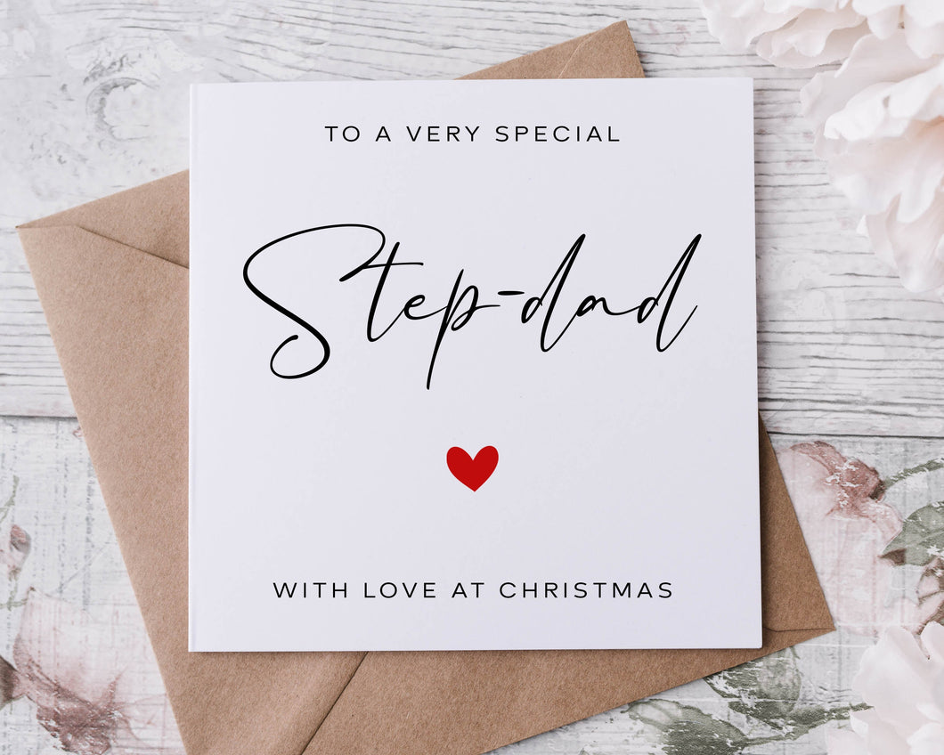 Christmas Card for Stepdad with Red Heart, Simple, Minimal Merry Christmas Greeting Card With Love, card for him Step-dad