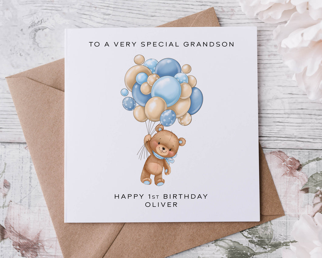 Personalised Grandson Birthday Card Teddy Bear and Blue Balloons Name & Age Grandson Card for him