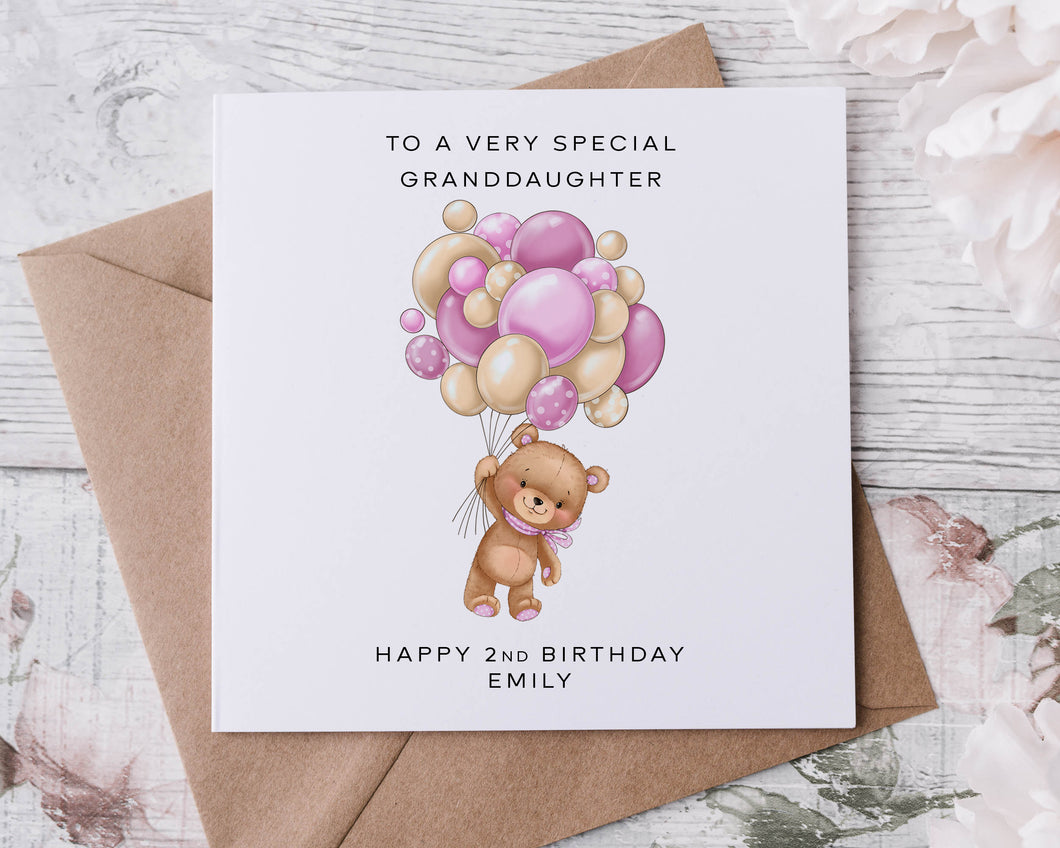 Personalised Granddaughter Birthday Card Teddy Bear and Pink Balloons Name & Age Granddaughter Card for her