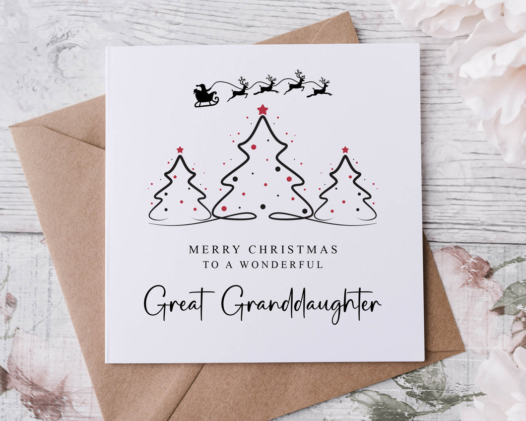 Christmas Card for Great Granddaughter with Christmas Tree Design, Wonderful Great granddaughter Merry Christmas Greeting Card