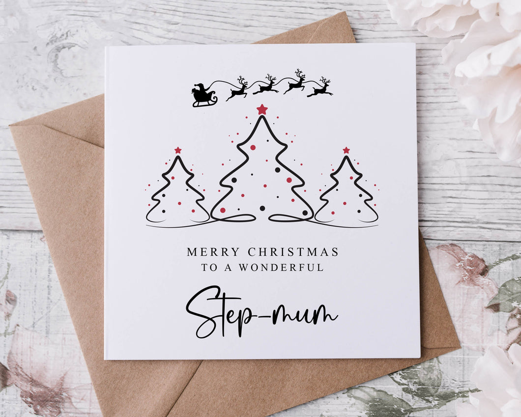 Christmas Card for Step-mum  with Christmas Tree Design, Wonderful Stepmum Merry Christmas Greeting Card