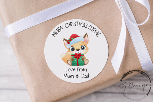 Personalised Christmas Stickers Gift Tags with Fox - Round Name Gift Labels - Festive Christmas Tag -37mm or 51mm Childrens Kids