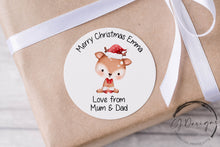 Load image into Gallery viewer, Personalised Christmas Stickers Gift Tags with Reindeer - Round Name Gift Labels - Festive Christmas Tag -37mm or 51mm Childrens Kids
