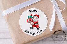 Load image into Gallery viewer, Personalised Christmas Sticker Gift Tags with Santa - Round Name Gift Labels - Festive Christmas Tag -37mm or 51mm Childrens Kids
