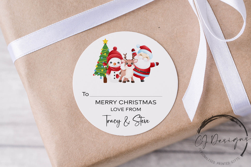 Personalised Christmas Stickers Gift Tags with Santa, Reindeer, Christmas Tree - Round Name Gift Labels -Festive Christmas Tag -37mm or 51mm