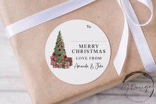 Load image into Gallery viewer, Personalised Christmas Stickers Gift Tags with Christmas Tree an Gifts - Round Name Gift Labels -Festive Christmas Tag -37mm or 51mm
