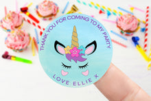 Load image into Gallery viewer, Personalised Unicorn Birthday Stickers -Birthday Party Bag Thank You Sticker 37mm/45mm/51mm/64mm - Pink/Blue Sweet Cone Stickers
