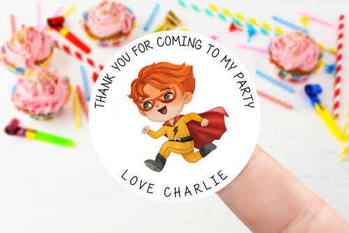 Personalised Boys Superhero Birthday Stickers -Birthday Party Bag Thank You Sticker - Sweet Cone Stickers 37mm or 51mm Childrens Kids