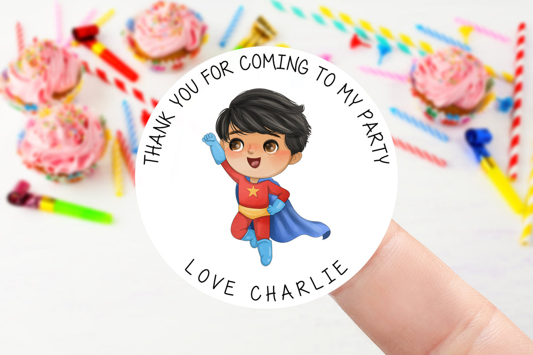 Personalised Boys Superhero Birthday Stickers -Birthday Party Bag Thank You Sticker - Sweet Cone Stickers 37mm/45mm /51mm/64mm