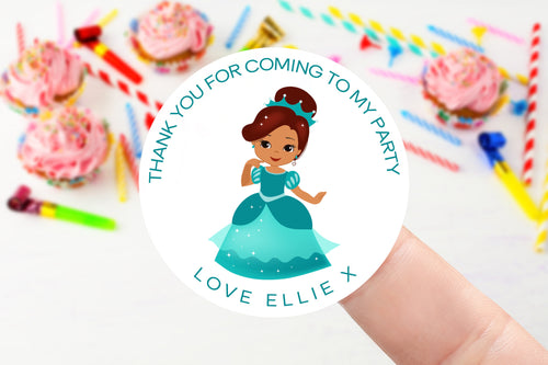 Personalised Green/Teal Princess Birthday Stickers -Birthday Party Bag Thank You Sticker - Sweet Cone Stickers 37mm or 51mm Childrens Kids