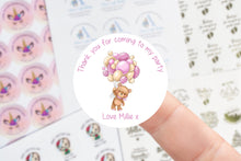 Load image into Gallery viewer, Personalised Birthday Stickers  with Teddy and Pink Balloons Birthday Party Bag Thank You Sticker - Sweet Cone Stickers 37mm/45mm /51mm/64mm
