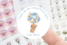 Load image into Gallery viewer, Personalised Birthday Stickers  with Teddy and Blue Balloons Birthday Party Bag Thank You Sticker - Sweet Cone Stickers 37mm/45mm /51mm/64mm
