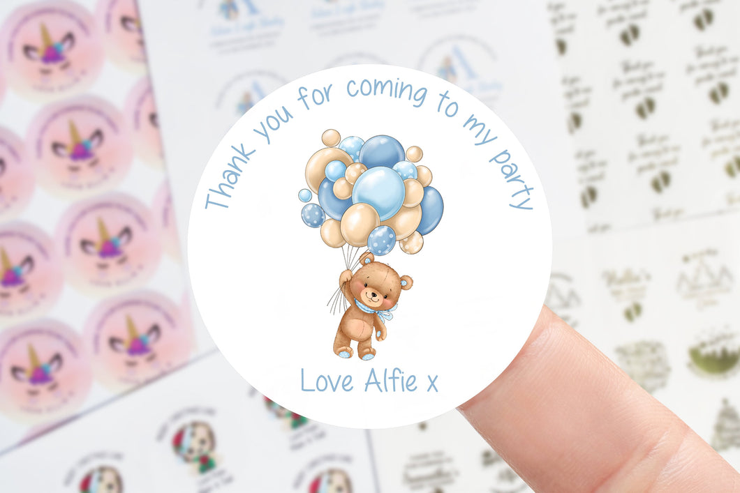 Personalised Birthday Stickers  with Teddy and Blue Balloons Birthday Party Bag Thank You Sticker - Sweet Cone Stickers 37mm/45mm /51mm/64mm