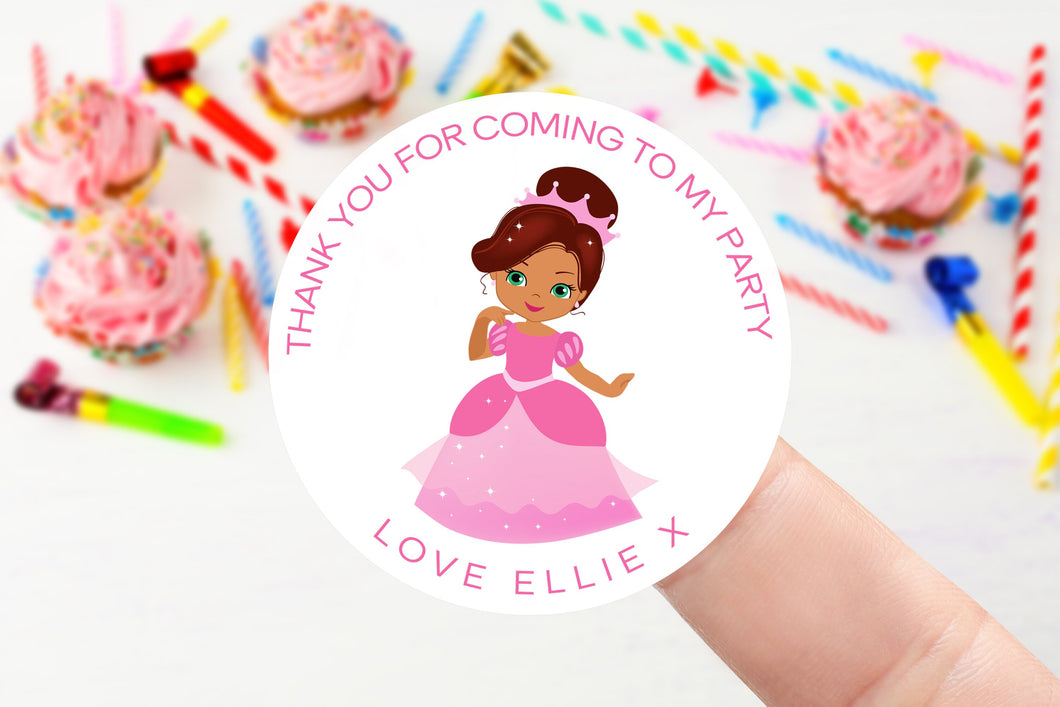 Personalised Princess Birthday Stickers -Pink Dress- Birthday Party Bag Thank You Sticker - Sweet Cone Stickers 37mm or 51mm Childrens Kids