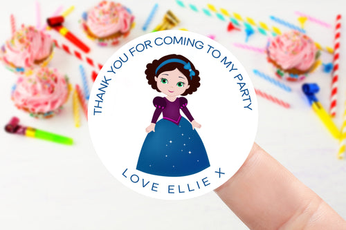 Personalised Princess Birthday Stickers -Blue/Purple Dress- Birthday Party Bag Thank You Sticker - Sweet Cone Stickers 37mm or 51mm Kids