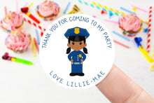 Load image into Gallery viewer, Personalised Girls Birthday Stickers with Policewoman Birthday Party Bag Thank You Sticker - Sweet Cone Stickers 37mm or 51mm Childrens Kids
