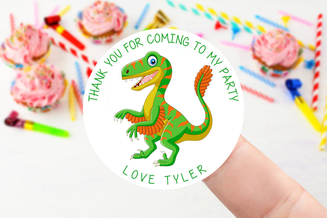 Personalised Birthday Stickers with Green & Orange Dinosaur -Birthday Party Bag Thank You Sticker - Sweet Cone Stickers 37mm or 51mm Kids