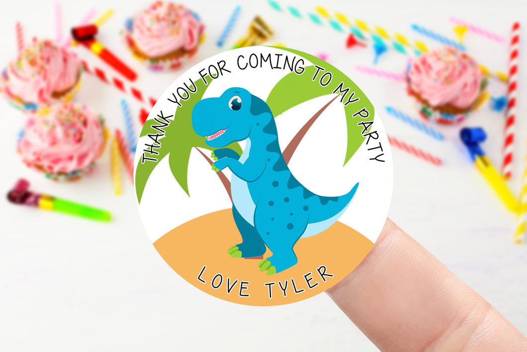 Personalised Birthday Stickers with Blue Dinosaur-Birthday Party Bag Thank You Sticker - Sweet Cone Stickers 37mm or 51mm Kids