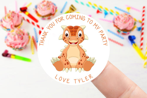 Personalised Birthday Stickers with Orange Dinosaur -Birthday Party Bag Thank You Sticker - Sweet Cone Stickers 37mm or 51mm Childrens Kids