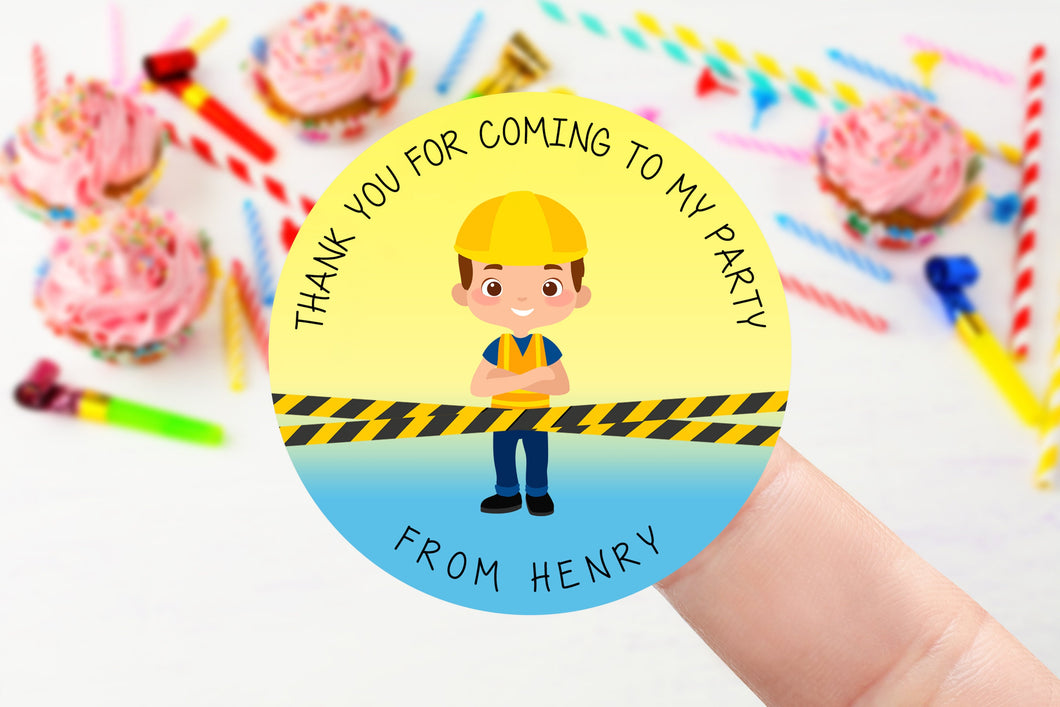 Personalised Birthday Stickers with Builder -Birthday Party Bag Thank You Sticker - Sweet Cone Stickers 37mm or 51mm Kids