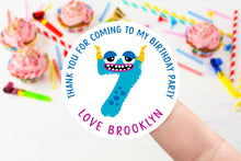 Load image into Gallery viewer, Personalised Monster Number Birthday Stickers -Boys Birthday Party Bag Thank You Sticker - Sweet Cone- 37mm or 51mm Kids  2nd, 3rd, 4th 5th
