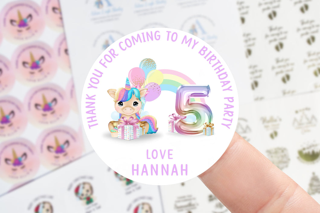 Personalised  Unicorn Birthday Stickers -Birthday Party Bag Thank You Sticker - Pink/Blue Sweet Cone Stickers 37mm/45mm/51mm/64mm