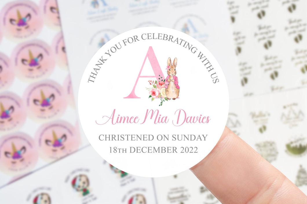 Personalised Christening Stickers -  Girls Pink Peter Rabbit Alphabet and Name and Date Thank You For Coming Sticker - 45mm /51mm/64mm