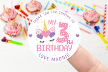 Load image into Gallery viewer, Personalised Unicorn Birthday Stickers -Birthday Party Bag Thank You Sticker - Girls Sweet Cone Labels 37mm or 51mm Sweet Treat 1st 2nd 3rd
