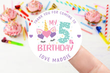 Load image into Gallery viewer, Personalised Unicorn Birthday Stickers -Birthday Party Bag Thank You Sticker - Girls Sweet Cone Labels 37mm/45mm /51mm/64mm Sweet Treat
