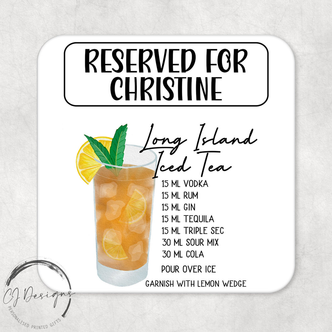 Personalised Long Island Iced Tea Recipe Drinks Coaster With Name