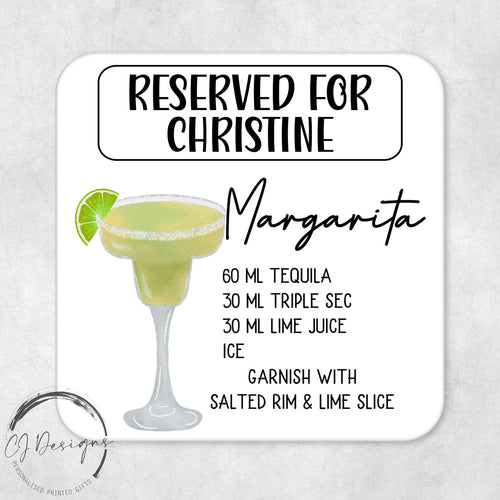 Personalised Margarita Recipe Drinks Coaster With Name