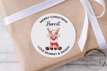 Load image into Gallery viewer, Personalised Christmas Stickers Gift Tags with Reindeer - Round Name Gift Labels - Festive Christmas Tag -37mm or 51mm
