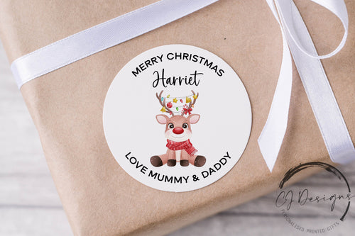 Personalised Christmas Stickers Gift Tags with Reindeer - Round Name Gift Labels - Festive Christmas Tag -37mm or 51mm