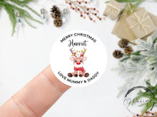 Load image into Gallery viewer, Personalised Christmas Stickers Gift Tags with Reindeer - Round Name Gift Labels - Festive Christmas Tag -37mm or 51mm
