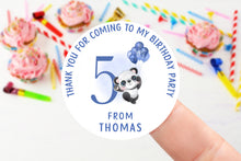 Load image into Gallery viewer, Personalised Birthday Stickers - Panda with Blue Balloons - Boys Birthday Party Bag Thank You Sticker  Sweet Cone Label 37mm/45mm /51mm/64mm
