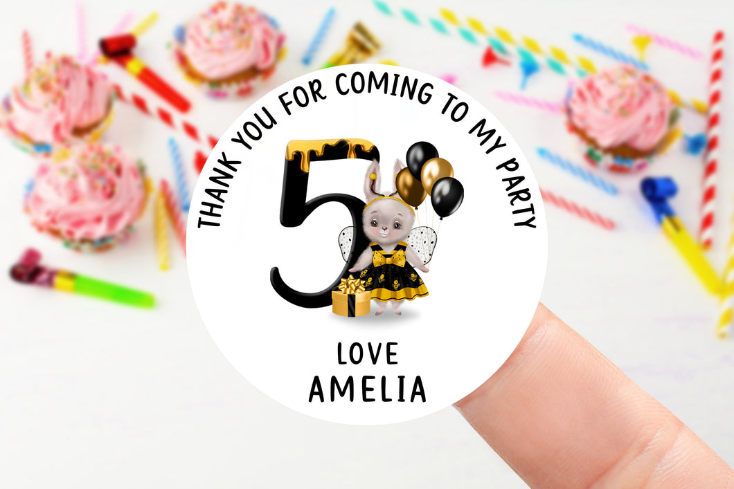 Personalised Birthday Stickers -Cute Bunny - Bee Theme Name Birthday Party Bag Thank You Sticker - Sweet Cone- 37mm/45mm /51mm/64mm  4th 5th