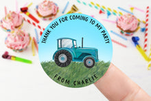Load image into Gallery viewer, Personalised Birthday Stickers with Tractor in Red, Yellow, Blue or Green Name Party Bag Thank You Sticker 37mm/45mm/51mm/64mm Sweet Cone
