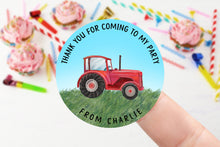 Load image into Gallery viewer, Personalised Birthday Stickers with Tractor in Red, Yellow, Blue or Green Name Party Bag Thank You Sticker Sweet Cone- 37mm/45mm /51mm/64mm
