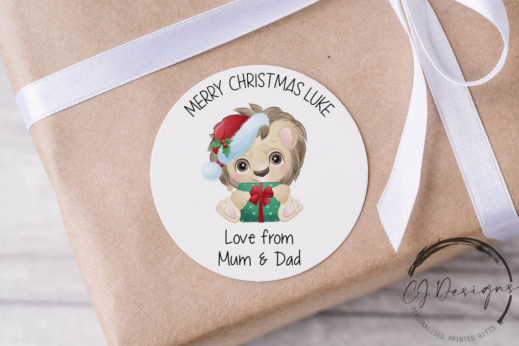 Personalised Christmas Stickers Gift Tags with Lion - Round Name Gift Labels - Festive Christmas Tag -37mm or 51mm Childrens Kids