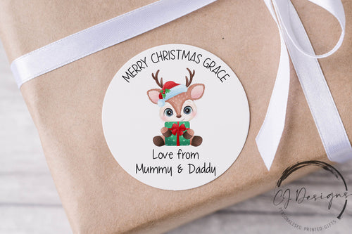 Personalised Christmas Stickers Gift Tags with Reindeer - Round Name Gift Labels - Festive Christmas Tag -37mm or 51mm Childrens Kids