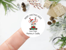 Load image into Gallery viewer, Personalised Christmas Stickers Gift Tags with Reindeer - Round Name Gift Labels - Festive Christmas Tag -37mm or 51mm Childrens Kids
