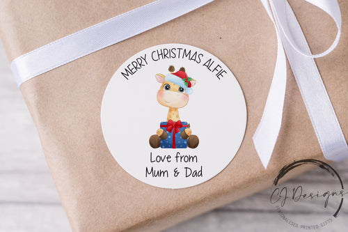 Personalised Christmas Stickers Gift Tags with Giraffe - Round Name Gift Labels - Festive Christmas Tag -37mm or 51mm Childrens Kids