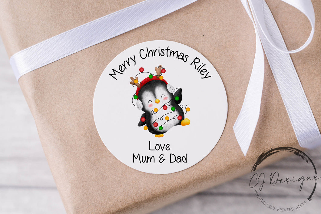 Personalised Christmas Sticker Gift Tags with Penguin - Round Name Gift Labels - Festive Christmas Tag -37mm or 51mm Childrens Kids