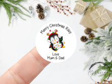 Load image into Gallery viewer, Personalised Christmas Sticker Gift Tags with Penguin - Round Name Gift Labels - Festive Christmas Tag -37mm or 51mm Childrens Kids
