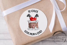 Load image into Gallery viewer, Personalised Christmas Sticker Gift Tags with Santa in Chimney - Round Name Gift Labels - Festive Christmas Tag -37mm or 51mm Childrens Kids
