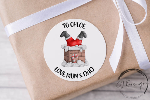 Personalised Christmas Sticker Gift Tags with Santa in Chimney - Round Name Gift Labels - Festive Christmas Tag -37mm or 51mm Childrens Kids