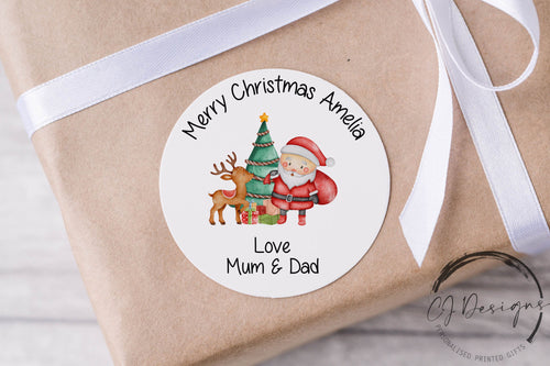 Personalised Christmas Sticker Gift Tags with Christmas Tree, Reindeer and Santa - Festive Name Gift Labels Tag -37mm or 51mm Childrens Kids