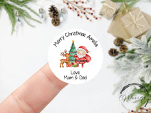 Load image into Gallery viewer, Personalised Christmas Sticker Gift Tags with Christmas Tree, Reindeer and Santa - Festive Name Gift Labels Tag -37mm or 51mm Childrens Kids
