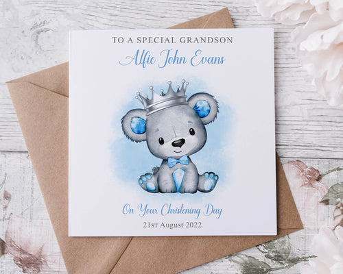 Personalised Grandson Christening Card, Cute Blue Bear Name and Date Greeting Card, Christening Day Keepsake Godson, Nephew